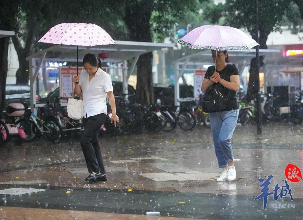 6月1日,广州市民在"马力斯之雨"中撑伞出行.