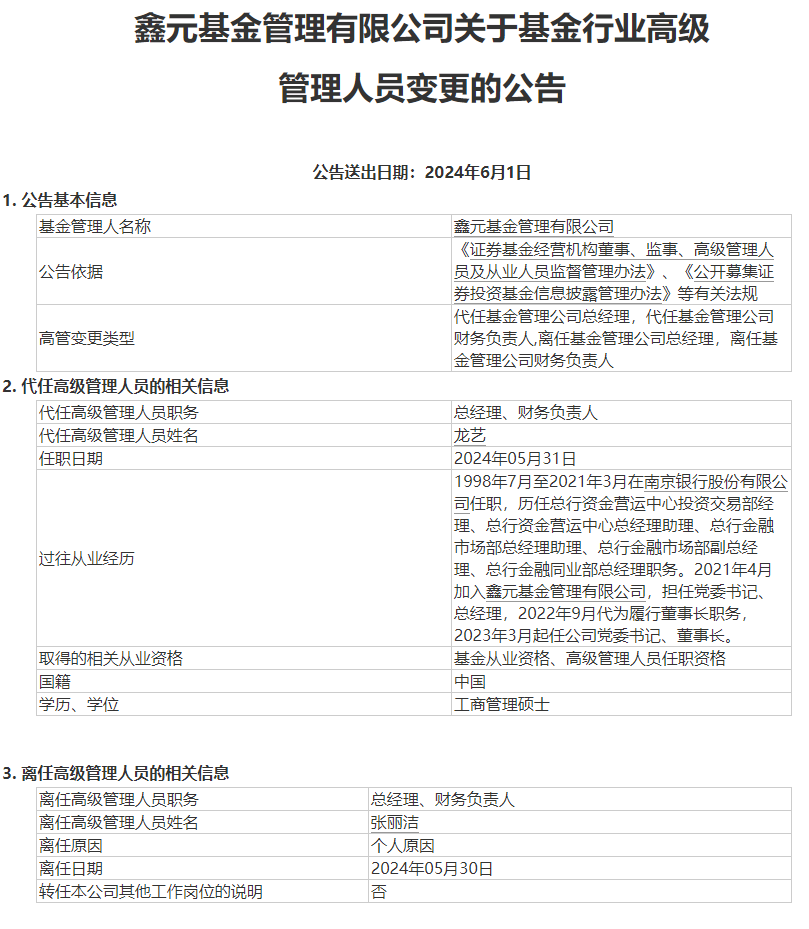 鑫元基金总经理张丽洁宣布离任，下一站或奔赴券商系公募