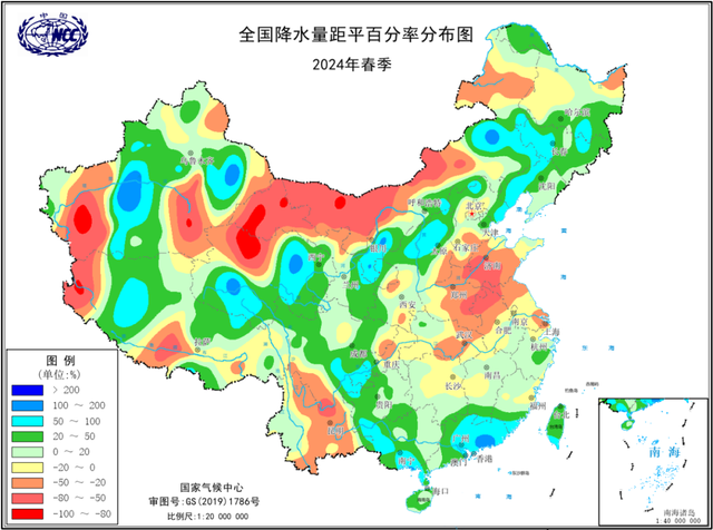 图4 2024年春季全国降水量距平百分率分布图(单位:%)