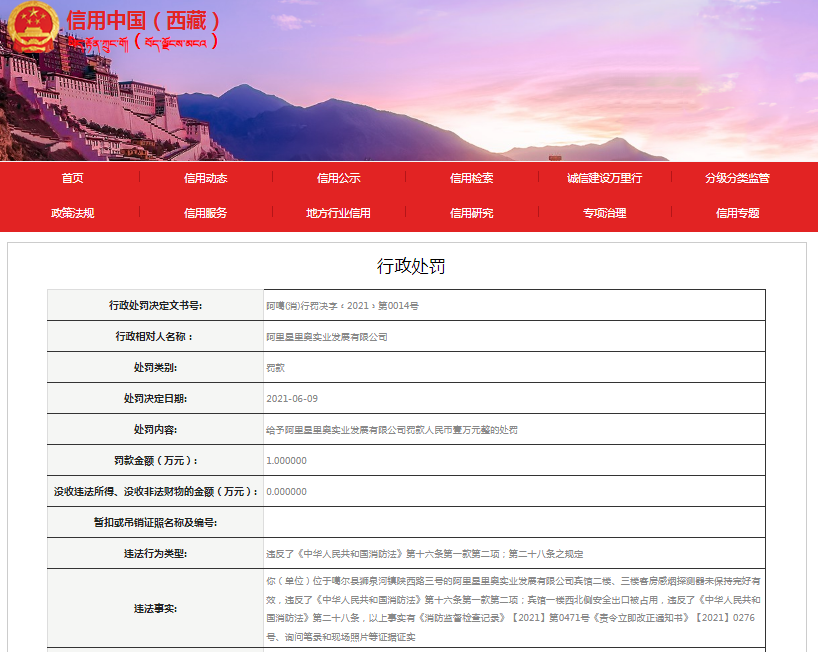 阿里星里奥实业发展有限公司违反了《中华人民共和国消防法》第六十条