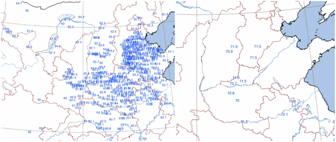 左图为地表温度超60度的地方；右图为超70度的地方。图片来源：中国天气网微信公众号