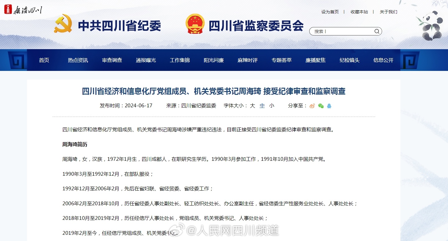 四川省经信厅机关党委书记周海琦被查|四川省|信息化|党组成员_新浪新闻