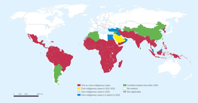 2022年全球疟疾流行地区分布图 图源：WHO World malaria report 2023