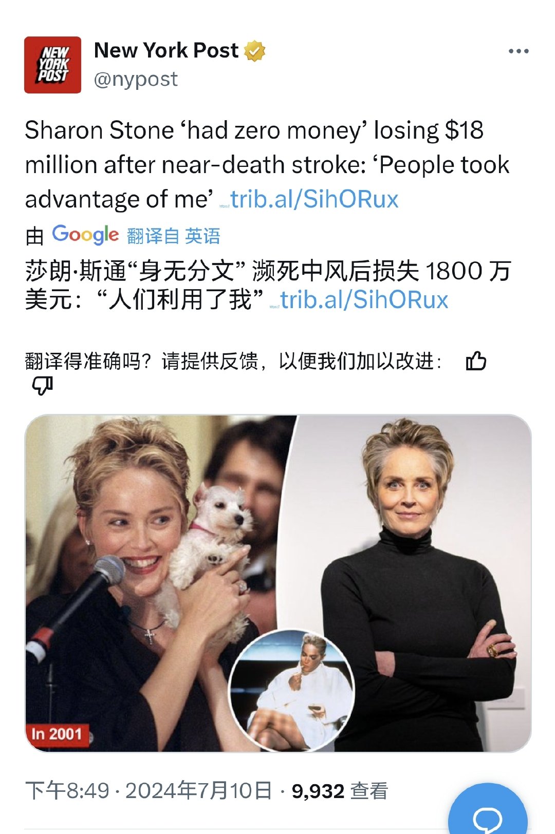 莎朗斯通自曝因中风被好莱坞抛弃，损失1800万美元|莎朗·斯通|新冠|亲人|防护|农奴制_新浪新闻