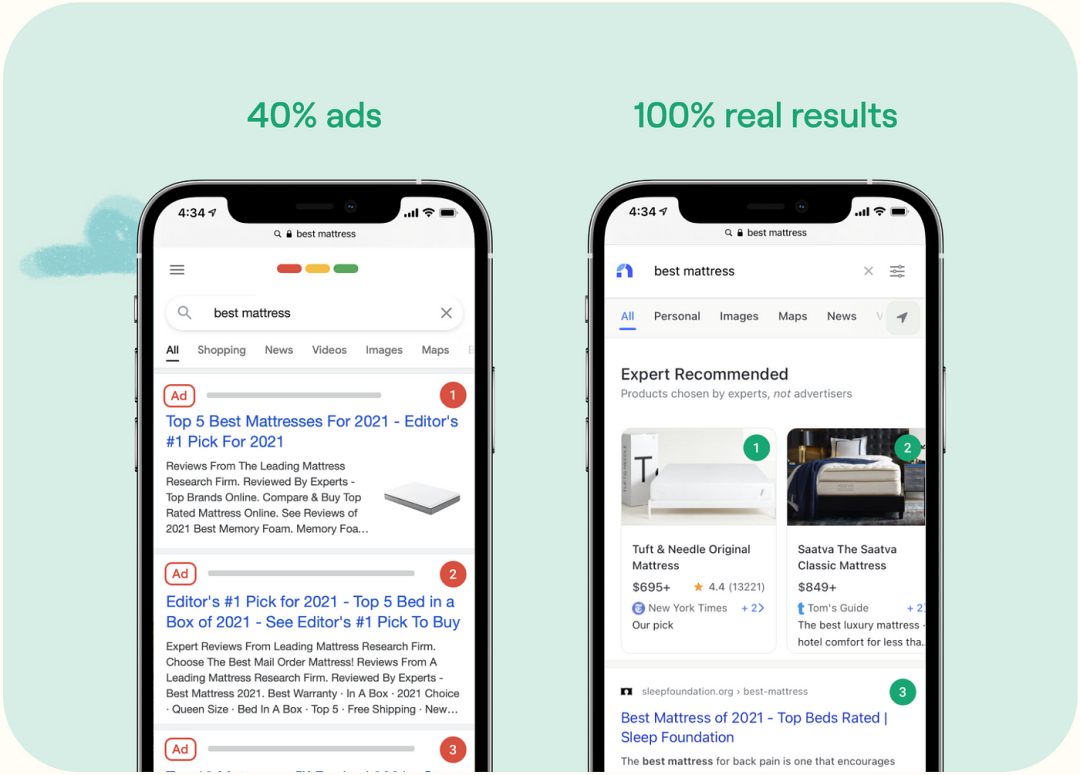 Google（左）和Neeva（右）搜索结果比较，图片来源：Medium