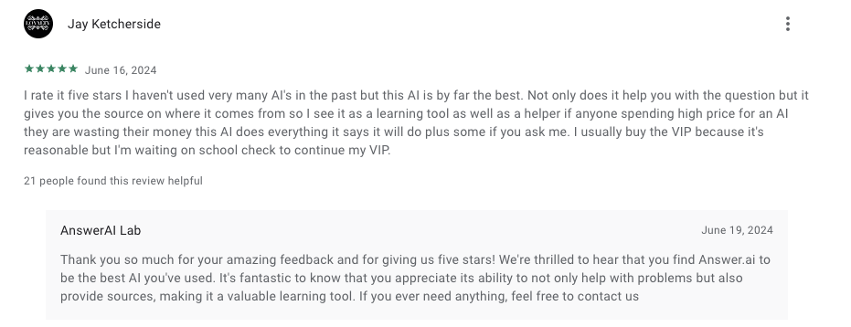 Answer AI用户反馈，图片来源：Google Play