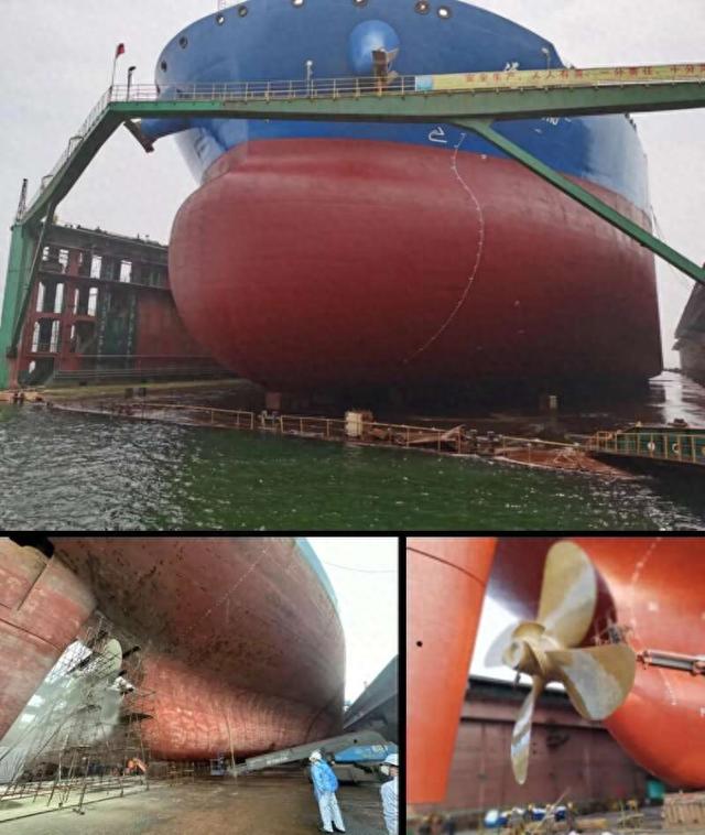超大型油轮进船坞 (上) ；螺旋桨蒙皮敷设过程(下左) ；仿生蒙皮螺旋桨(下右) 。中国科学院宁波材料技术与工程研究所供图
