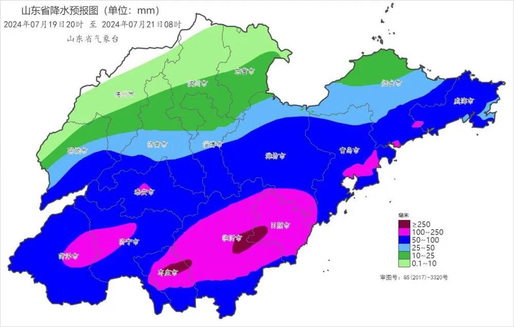 2024年7月19日20时—21日08时山东省降水预报(毫米).