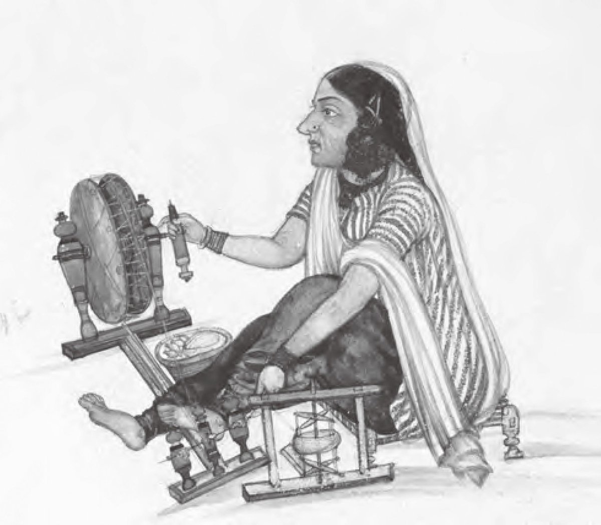 在印度手纺车上纺纱，约1860年，由凯哈尔·辛格（Kehar Singh）绘制