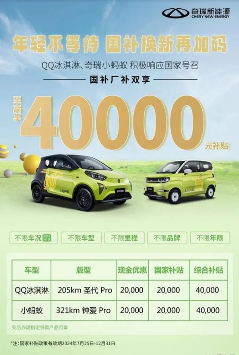 至高补贴4万!奇瑞qq冰淇淋/小蚂蚁部分车型限时优惠