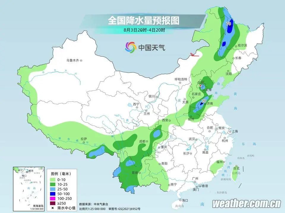 8月3日20时-4日20时全国降雨量预报图.