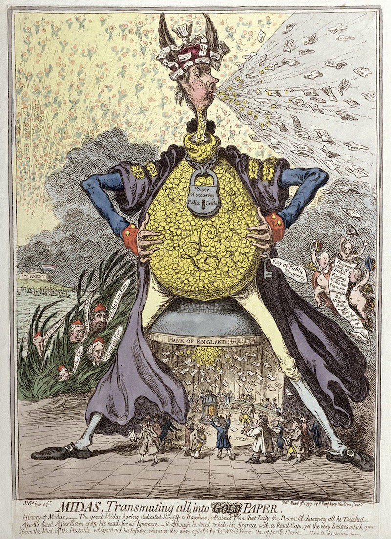 1797年，詹姆斯-吉尔雷（James Gillray）将年轻的皮特转化为纸张。