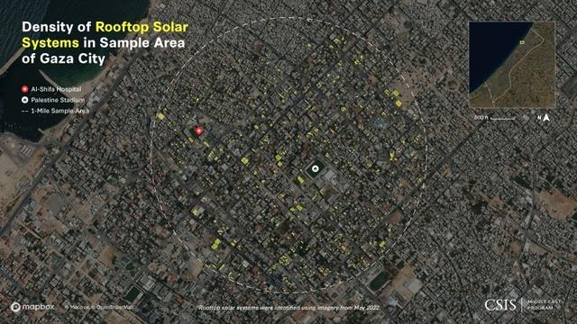 图中黄色标注的是加沙城密集的屋顶光伏板CSIS