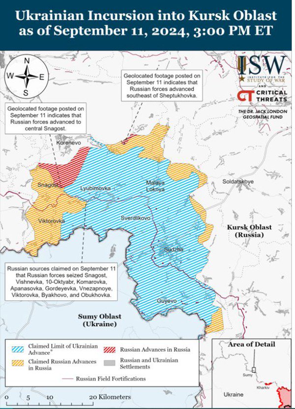 蓝色为乌军所称控制区，红色为俄军推进区，黄色为俄军所称夺回地区。图片来源：战争研究所