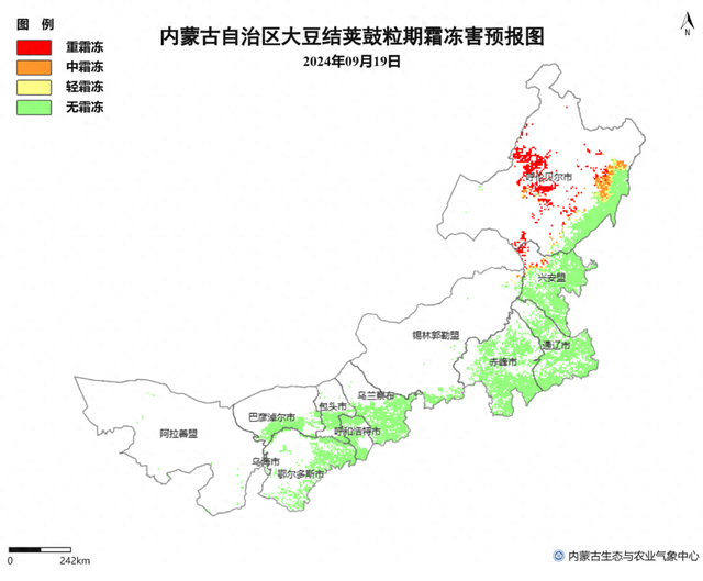 附图：9月19日至21日内蒙古地区大豆（上）和玉米（下）霜冻气象风险预报分布图