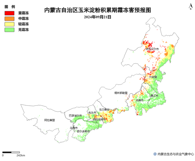 附图：9月19日至21日内蒙古地区大豆（上）和玉米（下）霜冻气象风险预报分布图