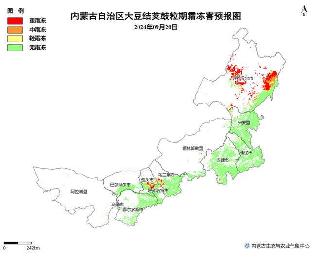 附图：9月19日至21日内蒙古地区大豆（上）和玉米（下）霜冻气象风险预报分布图