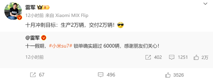 ▲雷军发文强调小米汽车十月目标