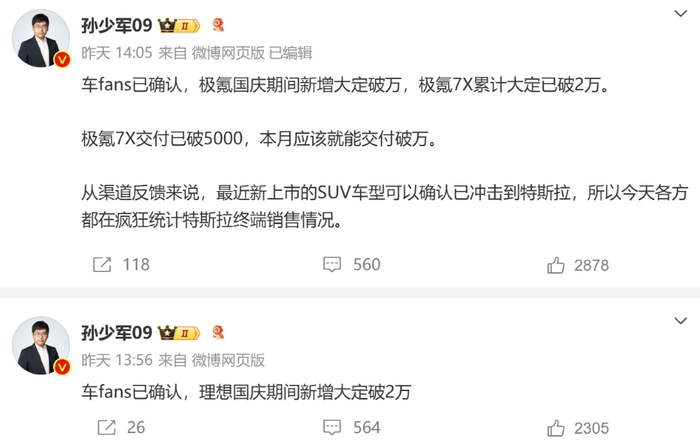▲博主透露理想汽车国庆期间新增大定破2万