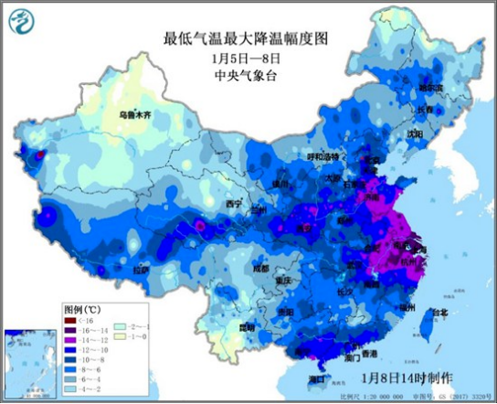 2021年1月5日至8日我国最低气温最大降幅图。图片来源：中央气象台