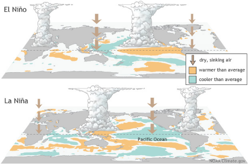 厄尔尼诺和拉尼娜对应的海洋-大气环流形势。图片来源：NOAA
