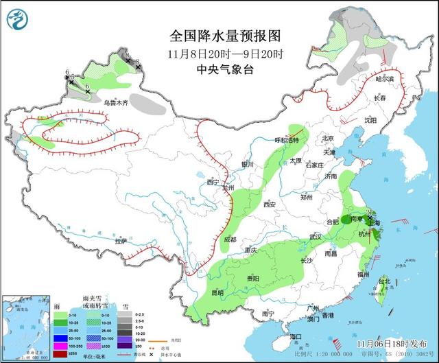 图3 全国降水量预报图（11月8日20时-9日20时）