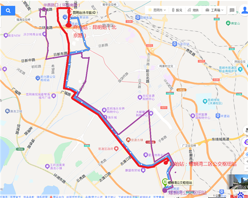 （蓝色为原31路线路走向，紫色为原186路线路走向，红色为优化后线路走向）