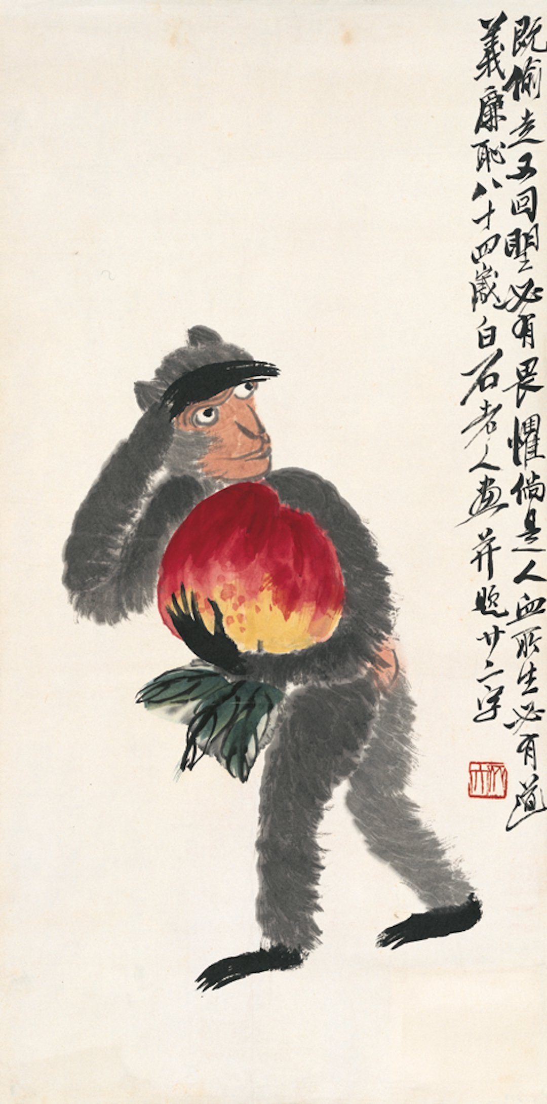 齐白石 桃猴 托片 纸本设色 68×33.5cm 1944 北京画院藏