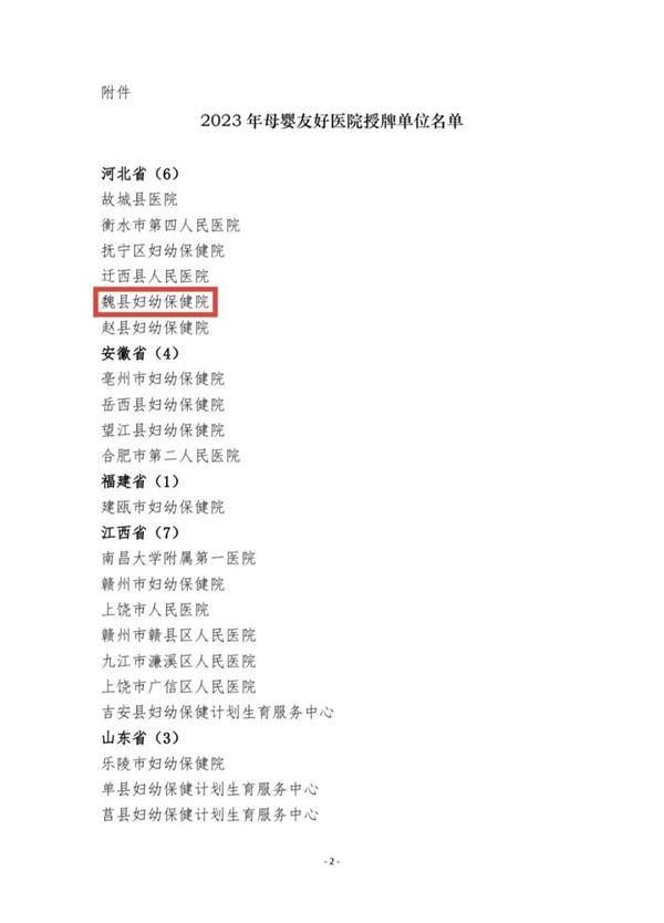 邯郸魏县妇幼保健院荣获2023年度"母婴友好医院"称号