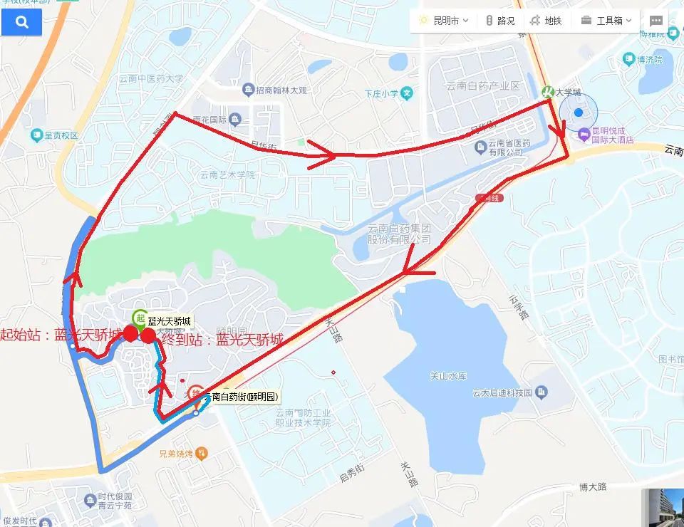 （蓝色为原Z126路线路走向，红色为优化后线路走向）