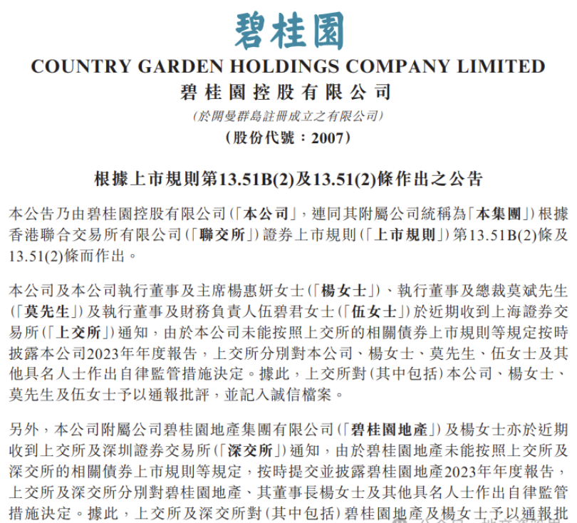 碧桂园董事长杨惠妍、总裁莫斌被监管|碧桂园|地产|上交所_新浪新闻