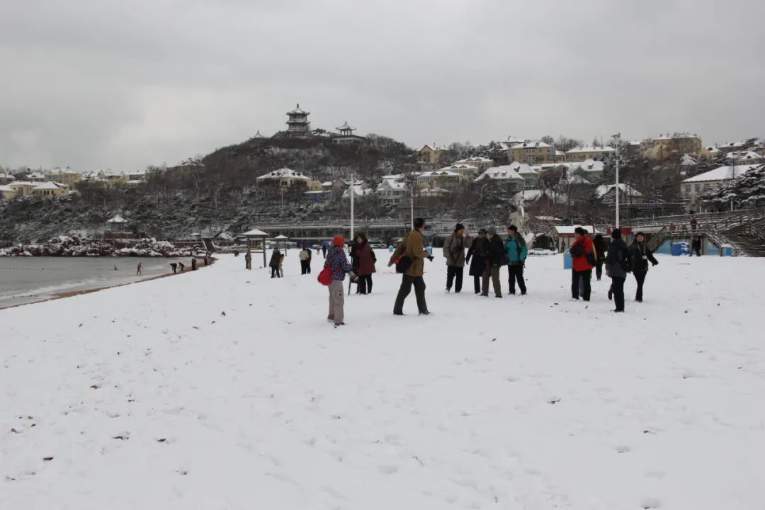 以上3图:2014年2月6日,市民在青岛第一海水浴场赏雪.