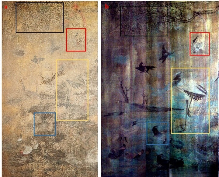 利用高光谱扫描数据进行信号增强，显现污染物下壁画图案。中国文物保护技术协会供图