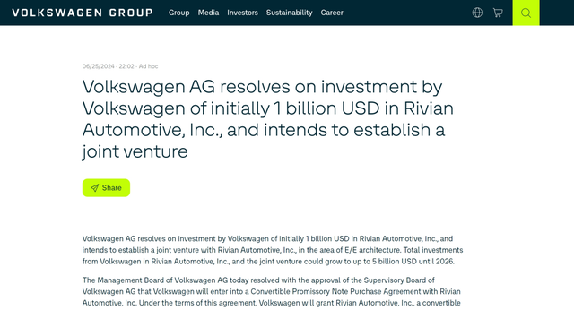 大众对Rivian的注资信息 大众汽车集团官网截图