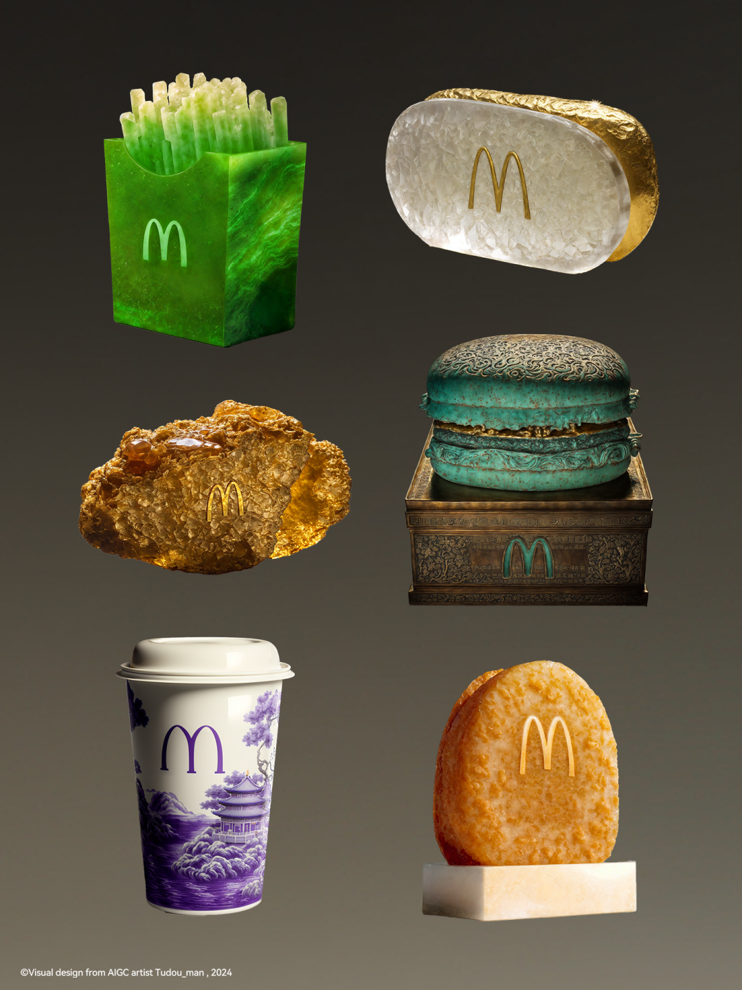 土豆人的出圈案例，用AI制作的青铜器汉堡、传世宝玉薯条