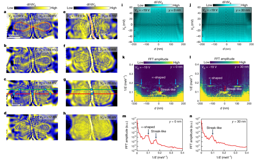 图 | 实验中观测到的双扭线形和直线形量子疤痕态以及它们的等能量间隔复现（来源：Nature）