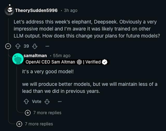 奥特曼回复网民提问时，称赞DeepSeek Reddit截图