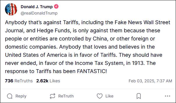 特朗普帖文 Truth Social截图