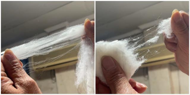 化纤&ldquo;新料&rdquo;（左）和记者提供的棉被&ldquo;回料&rdquo;（右）的差别