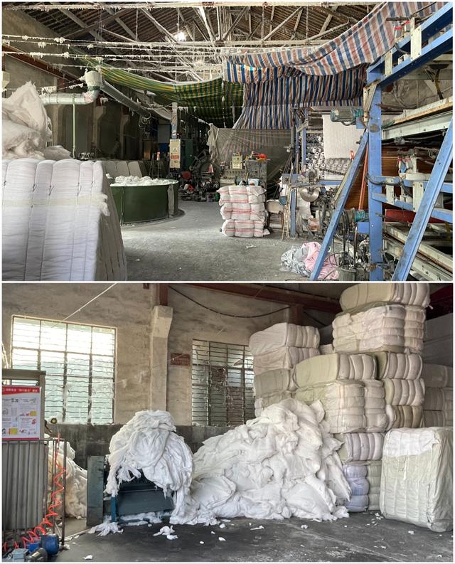 南浔一化纤被加工厂位于废弃的机械厂内，&ldquo;次品&rdquo;堆在地上，原料重新打碎后即可再次投入流水线生产。