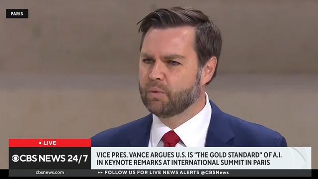 当地时间2月11日，万斯在巴黎人工智能峰会演讲。美媒视频截图