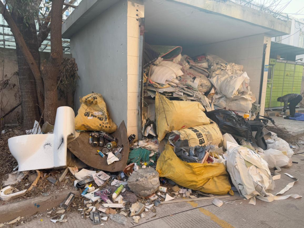 临时堆放点的建筑垃圾已经堆满并溢出,散落在通道和绿化带中.