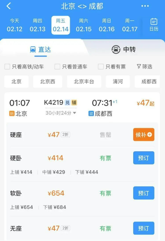 ▲北京到成都的K4219次，最低票价仅需47元。图/12306App