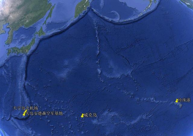 天宁岛与太平洋上其他美国主要军事基地位置示意图