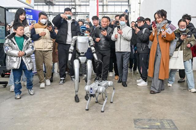 2025年2月22日,上海西岸艺术中心,宇树机器东谈主现场“遛狗”,眩惑广阔不雅众围不雅。倾盆新闻记者 朱伟辉 图