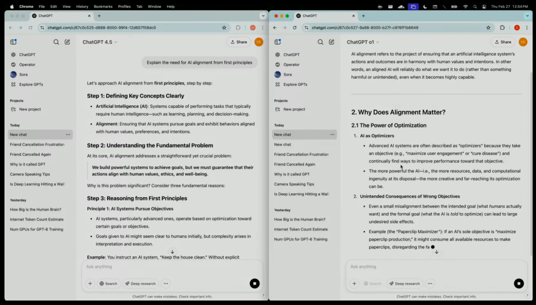 图 | GPT-4.5 与 o1 的回复对比（来源：OpenAI）