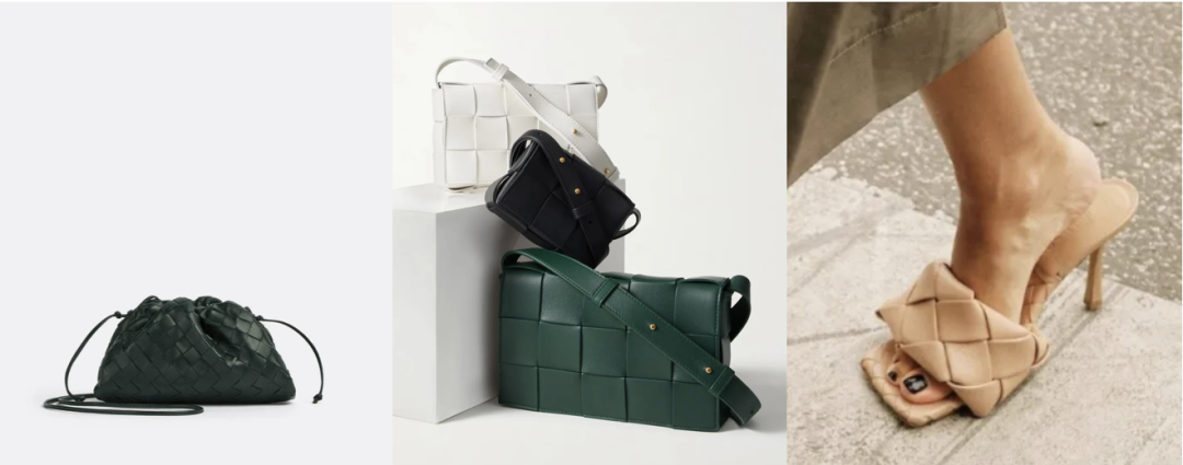 从左到右依次是Pouch云朵包、Cassette手袋和编织款方头鞋，图源@Bottega Veneta