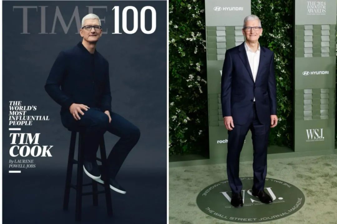 左图：库克登上2022年《时代》周刊封面，右图：2024年，库克亮相纽约现代艺术博物馆