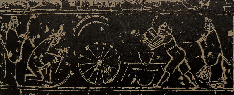 山东嘉祥出土的汉代画像石上的车轮制作图，体现了汉代中国精湛的（带轮辐）车轮制造技术。图片来自《中国古代机械复原研究》。