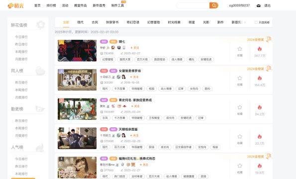 截至2025年2月，橙光游戏平台的人气榜、鲜花榜的月榜排名。《女寝》、《相亲》两部作品都名列前茅